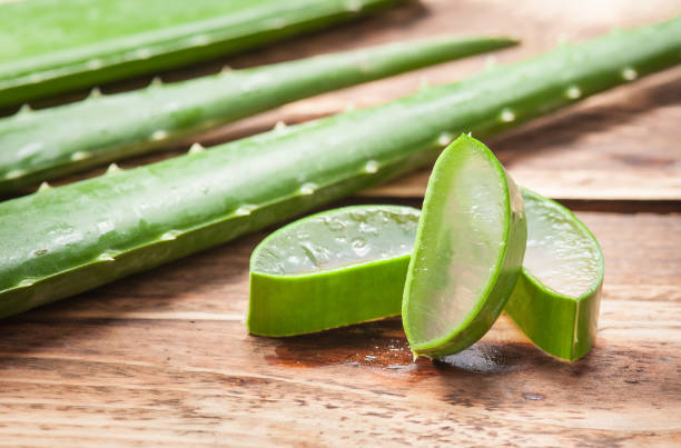 istock Aloe vera sliced on wooden background 660315774