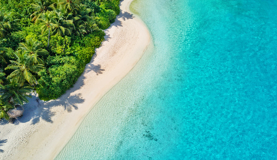 Aerial photo of beautiful paradise Maldives tropical beach on island. Summer and travel vacation concept.