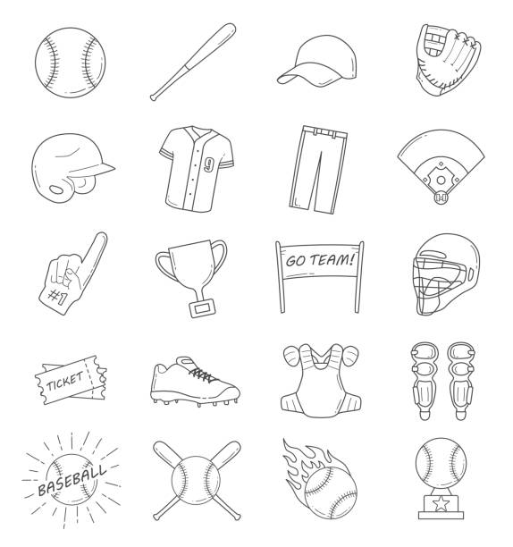 ilustraciones, imágenes clip art, dibujos animados e iconos de stock de conjunto de iconos de contorno de béisbol - baseball home run team ball