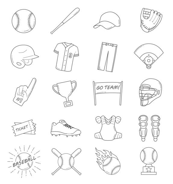 ilustrações, clipart, desenhos animados e ícones de conjunto de ícones de contorno de beisebol - baseball home run team ball