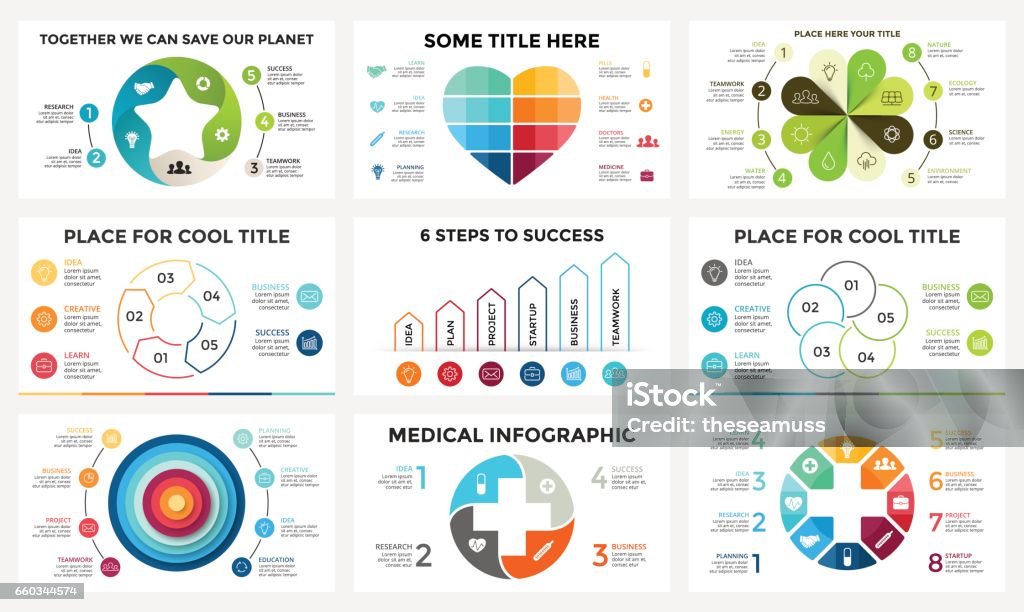 Vector circle arrows linear infographic, cycle diagram, graph, presentation chart. Business concept with 4, 5, 8 options, parts, steps, process. Medicine plus health, heart love, ecology flower nature Circle arrows diagram for graph infographic presentation with steps parts options. Ecosystem stock vector