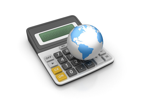 Calculator with World Globe - White Background - 3D Rendering