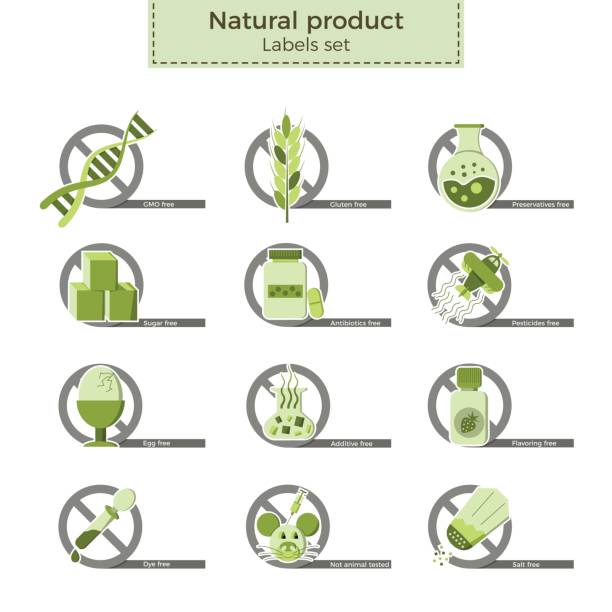 ilustraciones, imágenes clip art, dibujos animados e iconos de stock de etiquetas de producto natural - alimento genéticamente modificado