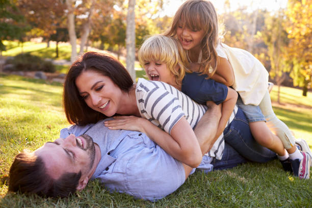 istock Mother And Children Lying On Father In Park 660353548