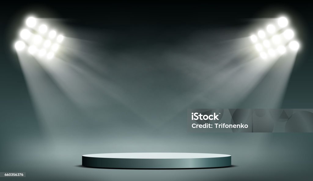 Round podium illuminated by searchlights. Round podium illuminated by searchlights. Stock vector illustration. Backgrounds stock vector