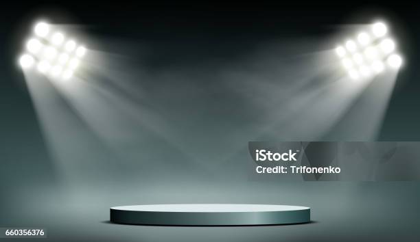 Round Podium Illuminated By Searchlights Stock Illustration - Download Image Now - Backgrounds, Sport, Floodlight