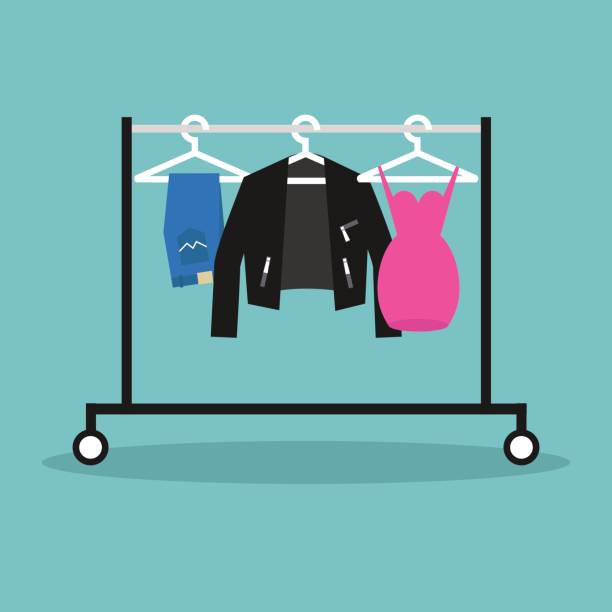 Clothes hanging in a row on the open hanger. Clothes rack. Rail. Wardrobe / flat editable vector illustration, clip art vector cartoon illustration, clip art clubwear stock illustrations