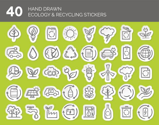 ilustrações de stock, clip art, desenhos animados e ícones de ecology & recycling stickers - drop solar panel symbol leaf