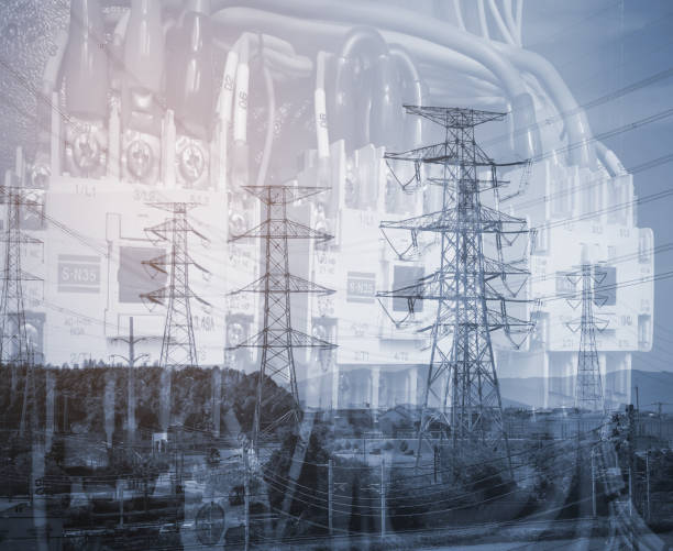 istock Multiple exposure poles with high voltage wiring in the control cabinet background 660379386