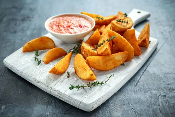 Photo of Fried potato wedges with hot salsa sauce, herbs on white board