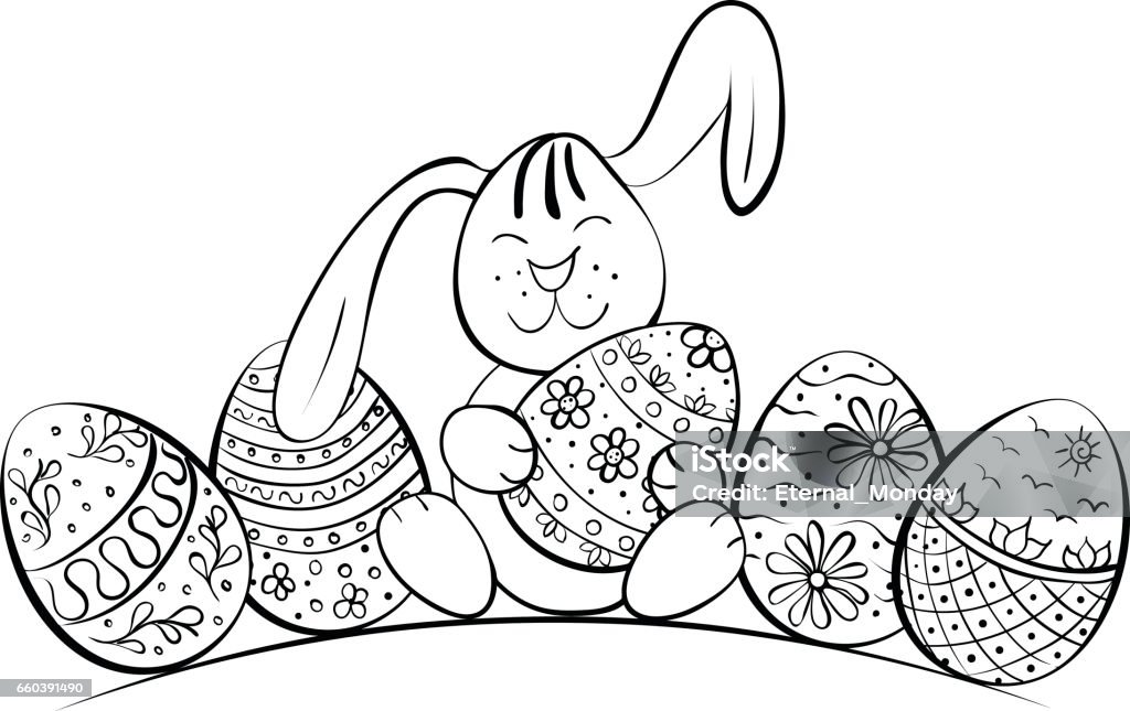 Rabbit holds an easter egg Easter Bunny with patterned eggs. Rabbit sits and holds in paws an egg . Black and white vector illustration. For children's coloring, cards, anti-stress therapy. Coloring stock vector