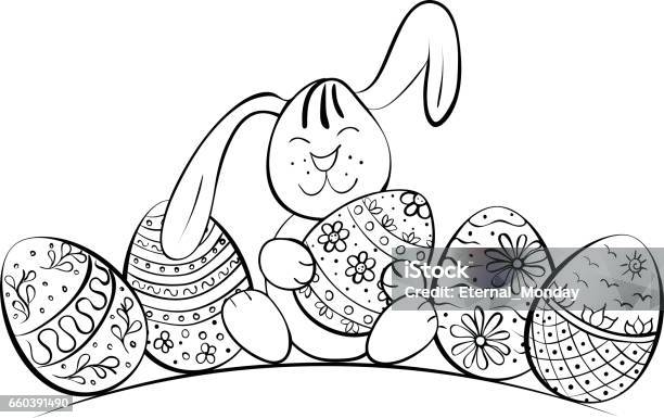 Rabbit Holds An Easter Egg Stock Illustration - Download Image Now - Coloring, Springtime, Adult