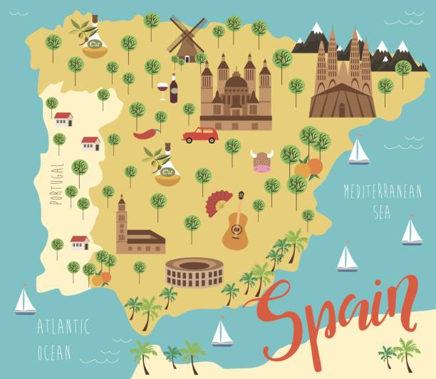 Map of Spain Illustration map with animals, nature and landmarks. Vector illustration spain illustrations stock illustrations