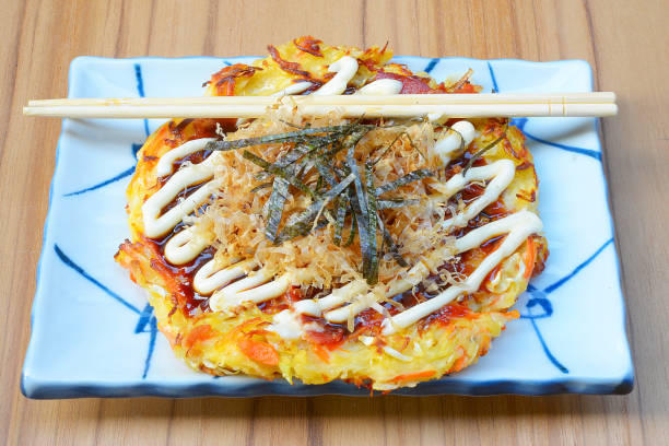 okonomiyaki japanese pizza hiroshima style stock photo