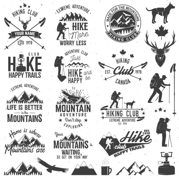 Hiking club badge Hiking club badges with design elements. Mountains related typographic quote. Vector illustration. Concept for shirt or logo, print, stamp. hiking icons stock illustrations