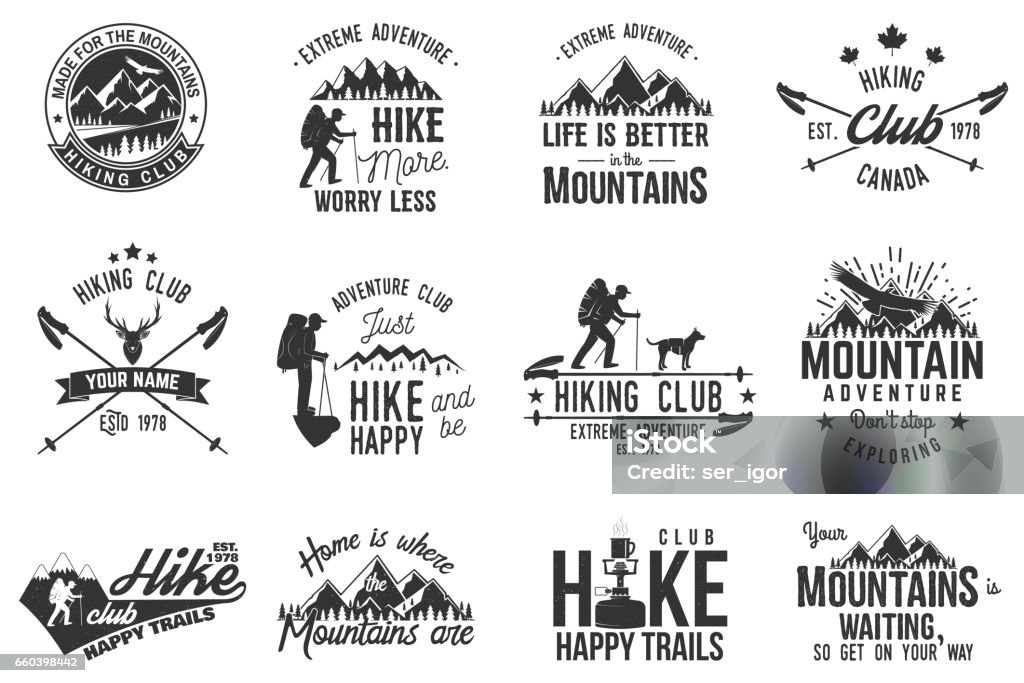 Hiking club badge Hiking club badge. Mountains related typographic quote. Vector illustration. Concept for shirt or logo, print, stamp. Logo stock vector