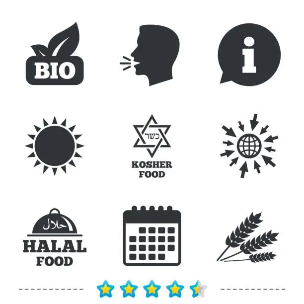 Vector illustration of Natural Bio food icons. Halal and Kosher signs.