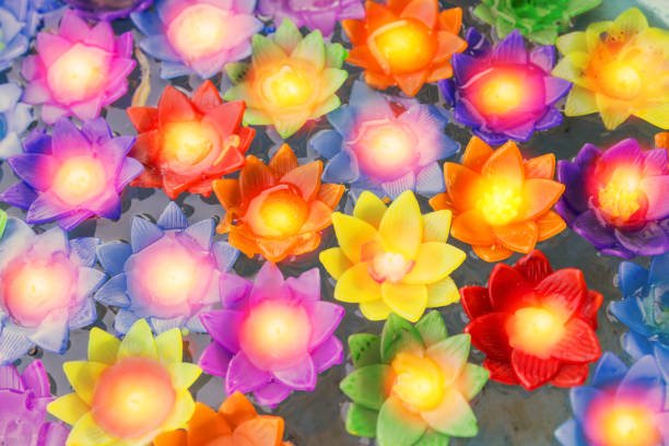 istock colorful flower light candle float in the water pond. 660404930