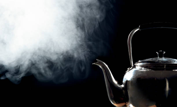 istock Tea kettle with boiling water on a black background 660414570