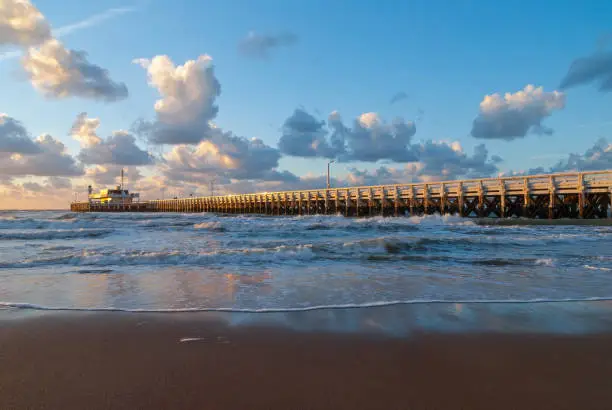 The pier of Ostend with the North Sea at sunset, Belgium.
