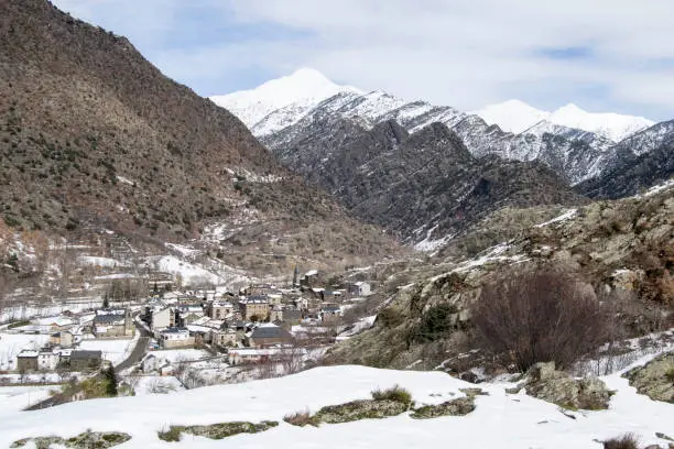Village of Alins in the Pyrenees after a snowfall