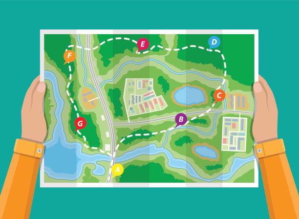 Folded paper city map in hands Folded paper city suburban map in hands. Abstract generic map with roads, buildings, parks, river, lake. GPS and navigation. Vector illustration in flat style road map illustrations stock illustrations