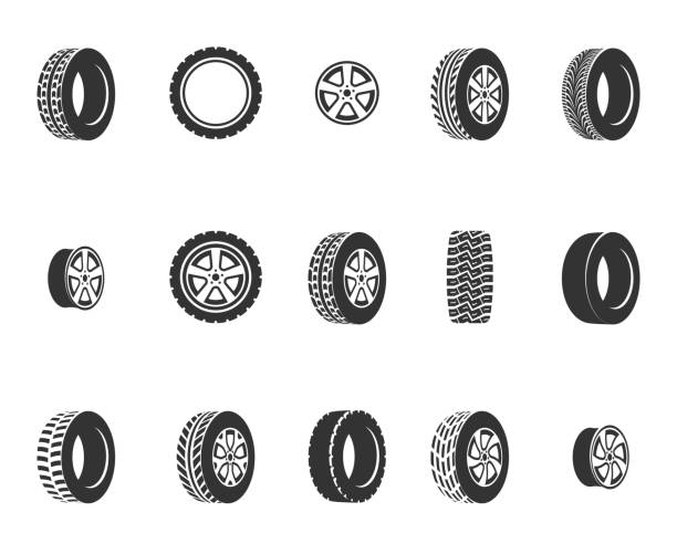 Tires, wheel disks auto service vector icons Tires, wheel disks auto service vector icons. Auto black wheel, illustration of automobile rubber wheel tire vehicle part stock illustrations