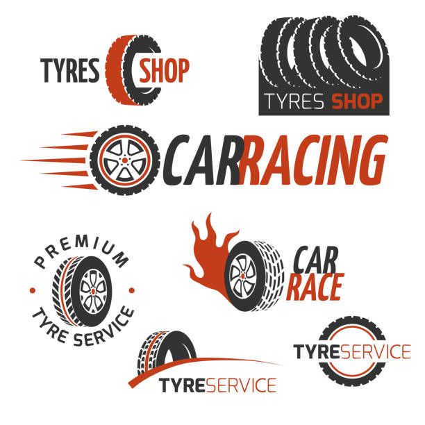toko ban karet mobil, roda mobil, logo vektor balap, dan label yang ditetapkan - tyre garage ilustrasi stok