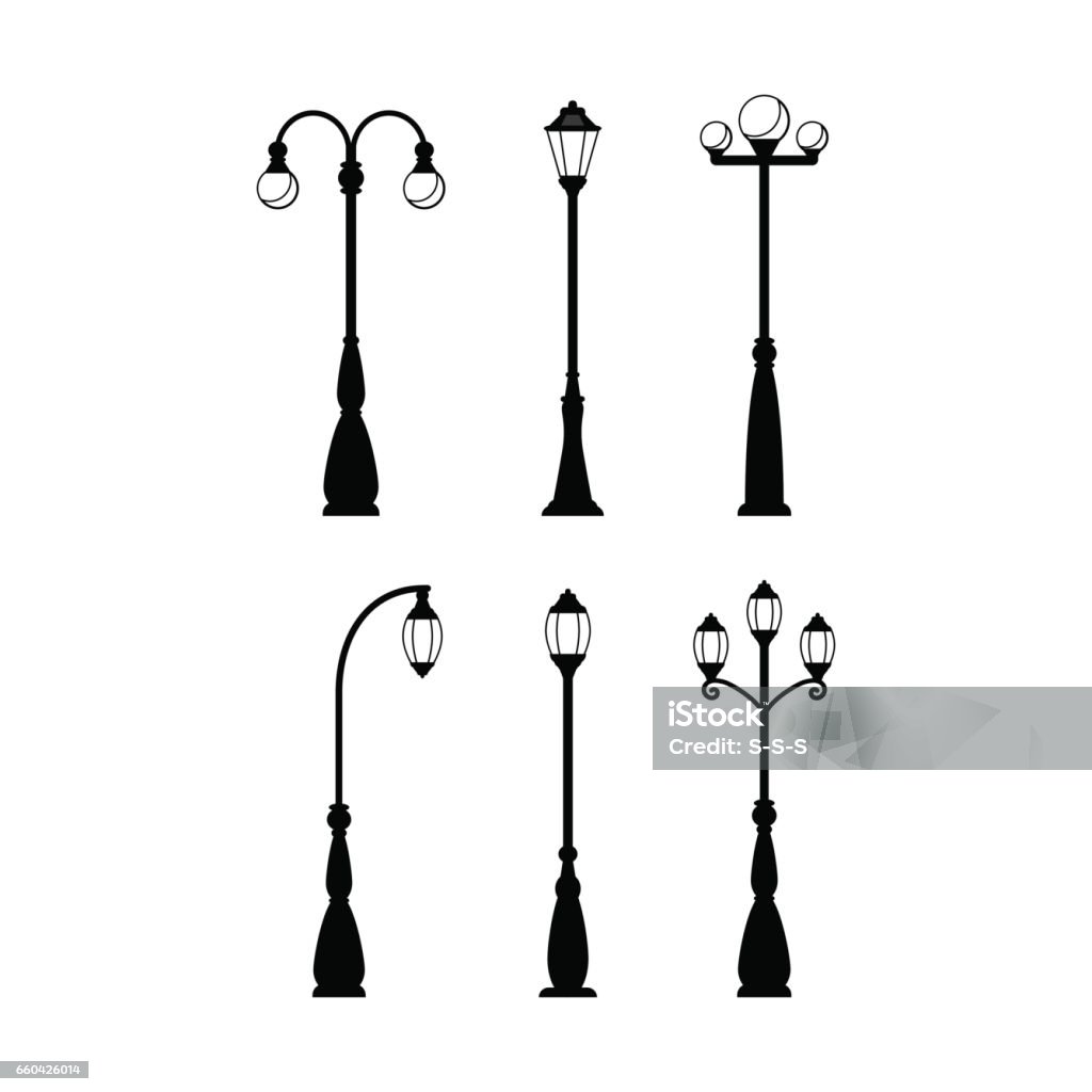 Vintage streetlights black silhouettes set Vintage streetlights black silhouettes set. Vector retro street lamp lights isolated on white background Street Light stock vector