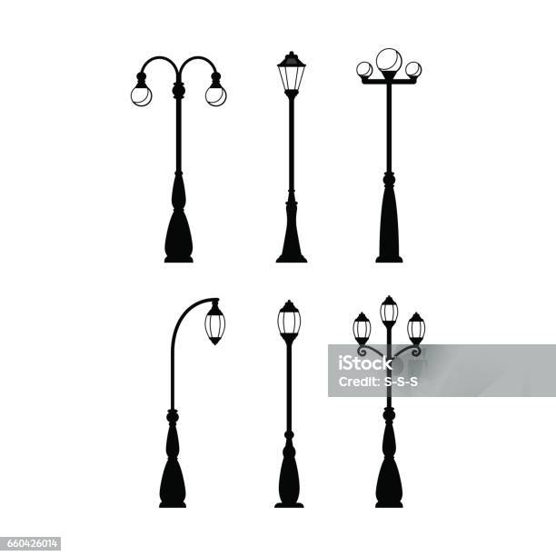 Vintage Streetlights Black Silhouettes Set Stock Illustration - Download Image Now - Street Light, Street, Electric Lamp