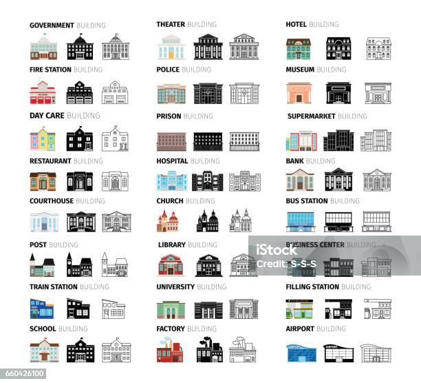 Vetores de Edifícios Dos Desenhos Animados Conjunto De Ícones e mais imagens de Exterior de Prédio - Exterior de Prédio, Ícone de Computador, Setor de construção