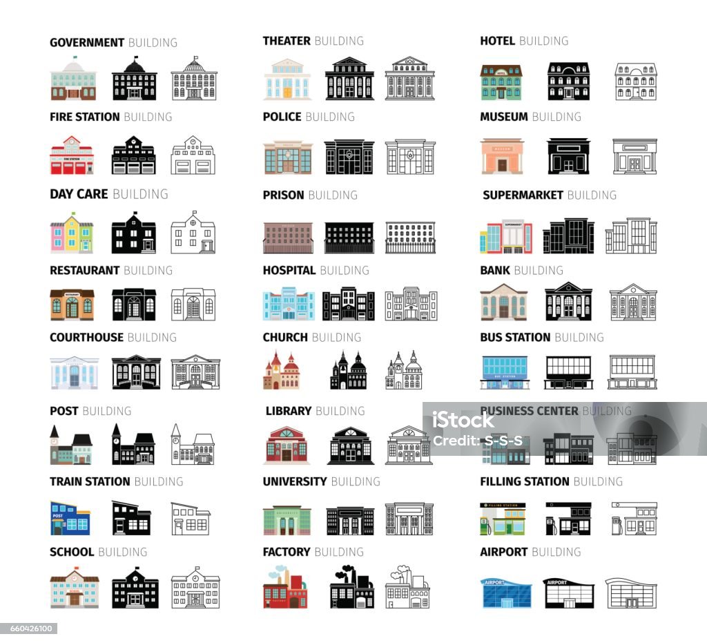 Buildings cartoon icons set Buildings icons set in cartoon, silhouettes and outlines. Vector illustration Building Exterior stock vector