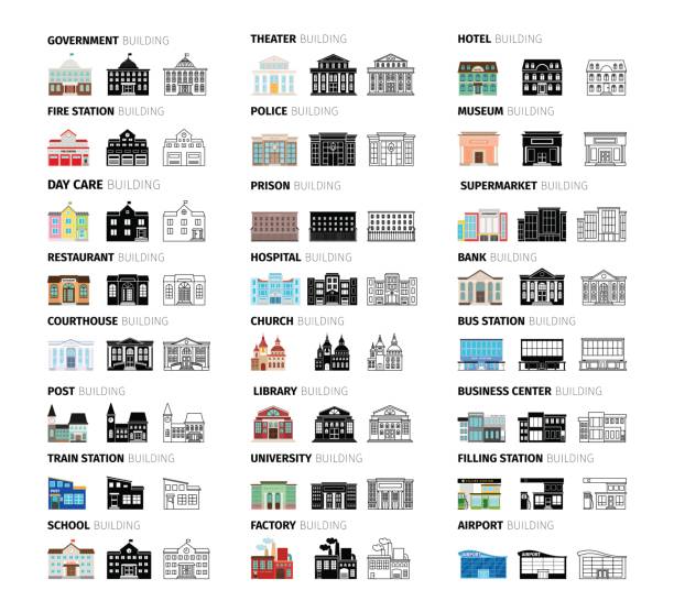 Buildings cartoon icons set Buildings icons set in cartoon, silhouettes and outlines. Vector illustration bank financial building symbols stock illustrations