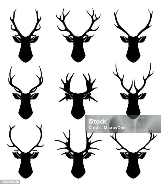 Deer Horns Reindeer Heads Vector Silhouettes Set Stock Illustration - Download Image Now - Head, In Silhouette, Cut Out