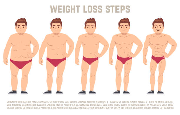 Male before and after diet, man body from fat to thin. weight loss steps vector illustration Male before and after diet, man body from fat to thin. weight loss steps vector illustration. Body male health and slim, adult man with fat body before and after weight loss man stock illustrations