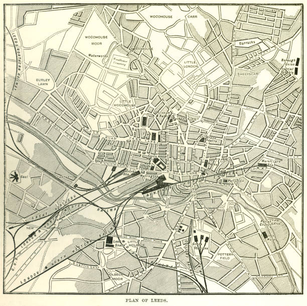 план лидса (викторианская гравюра) - 19th century style urban scene horizontal sepia toned stock illustrations