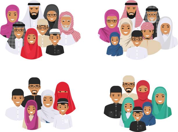 Family concept. Arab people generations at different ages. Muslim father, mother, grandmother, grandfather, son and daughter in traditional islamic clothes. Different man characters avatars icons set. All age group of arab man family. Generations man. Arab people father, mother, grandmother, grandfather, son and daughter in traditional islamic clothes. Social concept. Family concept. Vector illustration. muslim family stock illustrations