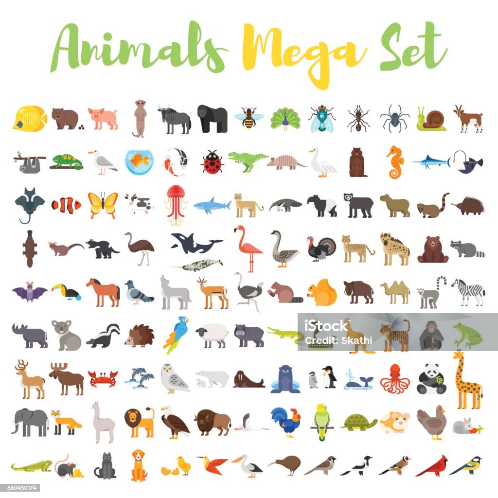 Gran estilo plano de vector conjunto de animales. - arte vectorial de Animal libre de derechos