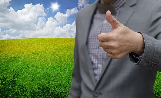 Businessman thumb up with nice green landscape background, Sustainable business concept