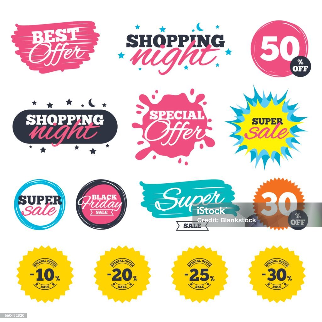 Sale discount icons. Special offer price signs. Sale shopping banners. Special offer splash. Sale discount icons. Special offer stamp price signs. 10, 20, 25 and 30 percent off reduction symbols. Web badges and stickers. Best offer. Vector Sale stock vector