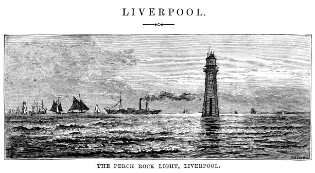 Perch Rock Lighthouse, Liverpool (Victorian engraving) The Perch Rock Lighthouse (Black Rock or New Brighton Lighthouse) on the River Mersey coast opposite Liverpool, Lancashire. The lighthouse was decommissioned in 1973. From “Our Own Country: Descriptive, Historical, Pictorial” published by Cassell & Co Ltd, 1885. river mersey northwest england stock illustrations