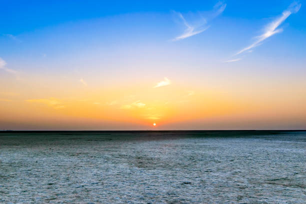 blick auf den sonnenuntergang am großen rann of kutch, gujarat, indien - horizontal landscape coastline gujarat stock-fotos und bilder