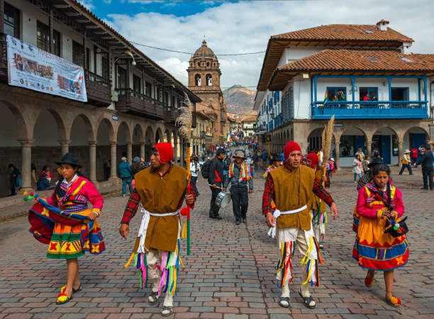 Inti Raymi Festival in Cusco People in traditional clothing during the Inti Raymi (Festival of the Sun) in a parade celebrating the summer solstice in the historic city center of Cusco, Peru. inti raymi stock pictures, royalty-free photos & images