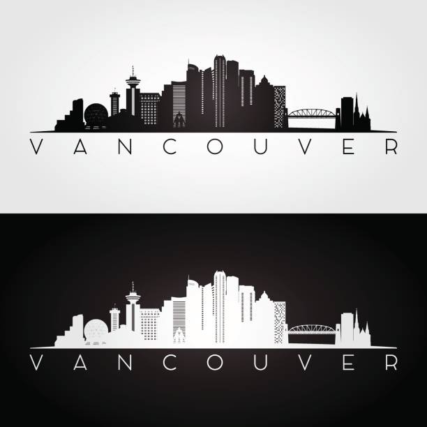 밴쿠버 명소와 스카이 라인의 실루엣 - vancouver skyline canada panoramic stock illustrations