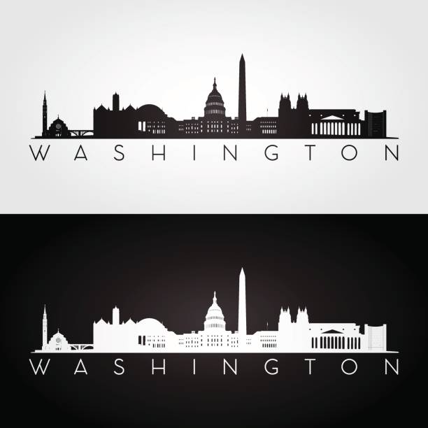 illustrazioni stock, clip art, cartoni animati e icone di tendenza di skyline e punti di riferimento di washington usa silhouette - washington dc
