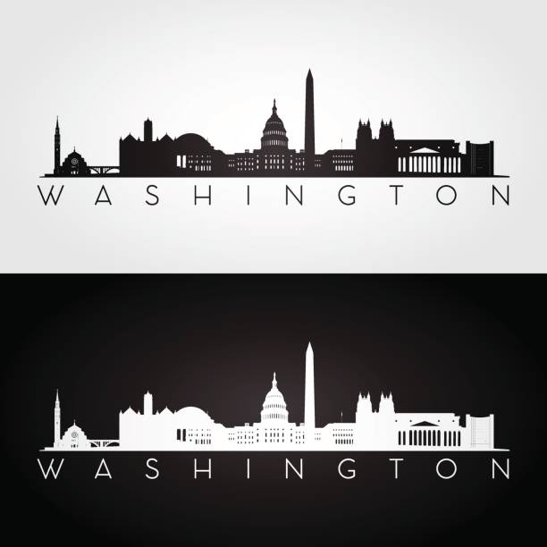 Washington USA skyline and landmarks silhouette Washington USA skyline and landmarks silhouette, black and white design, vector illustration. panoramas stock illustrations