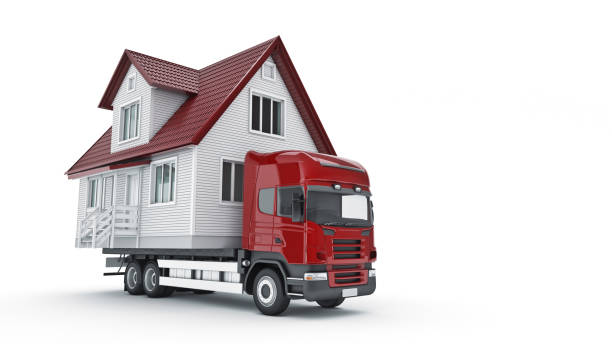 Delivery van with a big carton house moving, light blue background. Shipping company. Concept of relocation, new apartment and courier. 3D rendering illustration