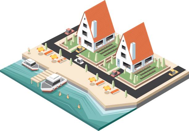 ruhiger strand isometrische - isometric sea coastline beach stock-grafiken, -clipart, -cartoons und -symbole