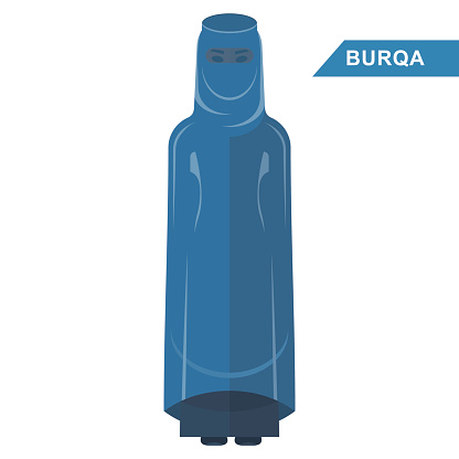 Arabian woman wear burqa. Traditional Islamic Muslim clothing. Flat vector cartoon illustration. Objects isolated on a white background.