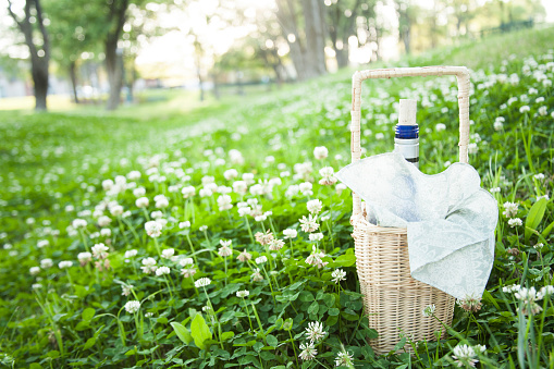 Wine bottle in wicker basket lying in a green field of clover ready for a summer picnic.  No people.